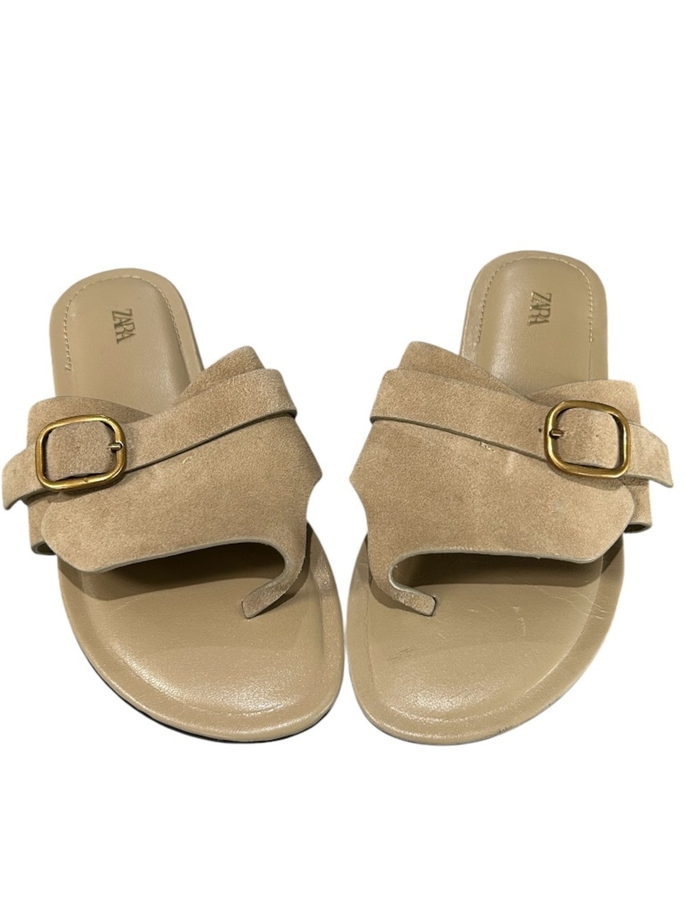 Zara Suede Leather Buckle Sandals In Camel Tan Slip On Size 37 - Picture 3 of 12